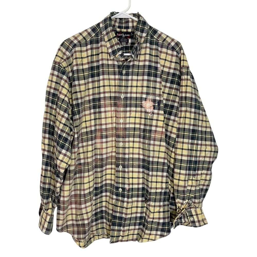 Vintage Polo Ralph Lauren XL Plaid Button Down Big‎ Shirt Distressed Thrashed